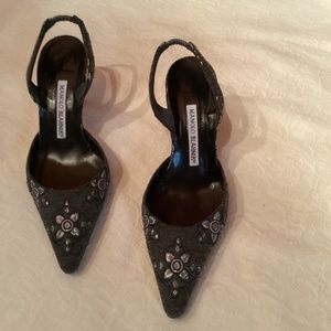 Manolo Blahnik Wool Metallic Floral Skingback Grey